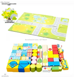 Macro detail of city transport wooden block set with 42x30cm puzzle mat and buildings