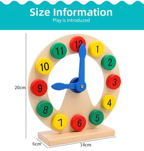 Detail view of educational wooden clock toy with 12 colorful numbered blocks and dimensions