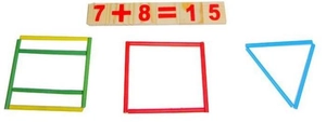Detail of wooden math learning kit with colorful counting sticks and number blocks