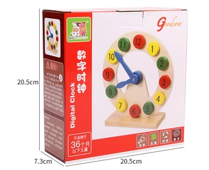 Detail view of wooden educational clock toy with colorful numbers and packaging dimensions