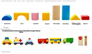 Macro detail of colorful wooden city traffic blocks including vehicles and geometric shapes