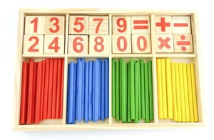 Detailed top view of wooden math box with counting sticks and number blocks for kids