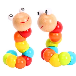 Two colorful wooden caterpillar toys with flexible joints for baby finger dexterity training