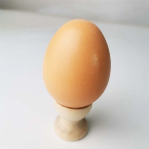 Detailed close-up of a realistic wooden toy egg placed on a natural wood egg cup stand