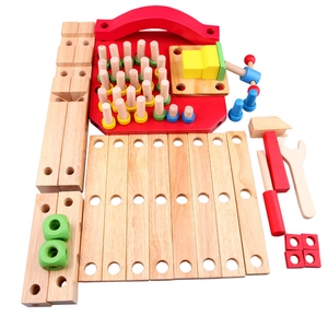 DIY beechwood kids workbench toy set with colorful screws, wooden tools and base