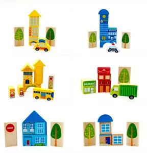 Detailed views of wooden city building blocks including school bus and police car toys