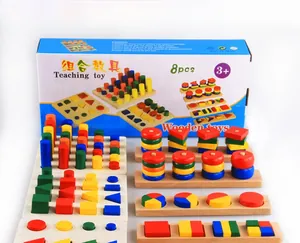 Close-up of 8pcs Montessori wooden geometric shape sorting and stacking educational toys