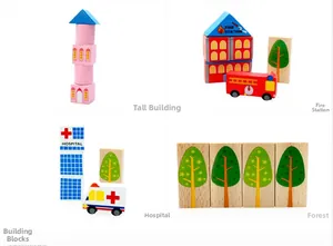Macro view of wooden city traffic blocks showing hospital, fire station and trees