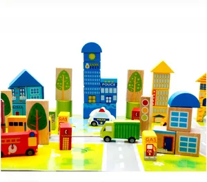 Close-up of wooden city transport building blocks featuring police station and bank models