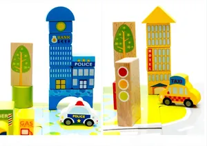 Detail of wooden city block set showing police station bank and colorful buildings