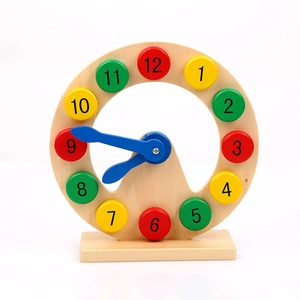 Educational wooden clock toy with colorful numbered blocks for preschool learning