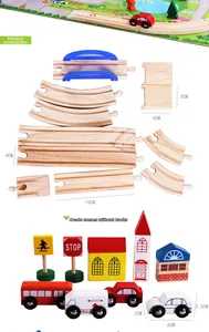 Vue détaillée du coffret de train urbain en bois 40 pièces avec voitures et signes