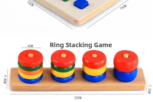 Detailed dimensions of wooden circle sorting toy showing 22cm base and colorful rings