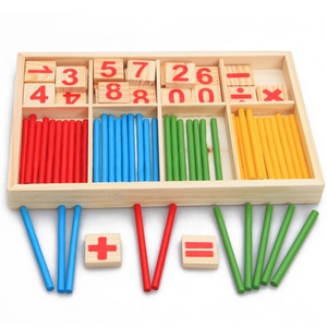 Wooden math learning box with colorful counting sticks and numbered tiles for kids