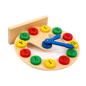 Educational wooden hollow number clock for kids with colorful blocks and blue pointers