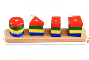 Wooden geometric shape sorting toy detail with base dimensions and colored blocks