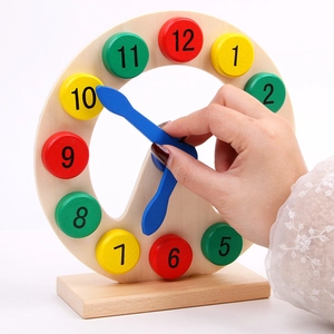 Educational wooden clock toy with colorful numbers for preschool time learning