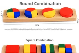 Detail of wooden geometric puzzle board showing colorful fraction circles and squares