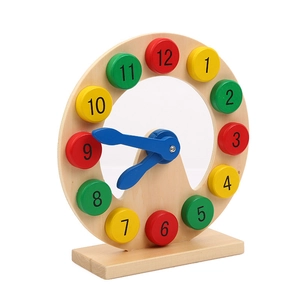 Educational wooden clock toy with colorful numbered blocks and adjustable blue hands
