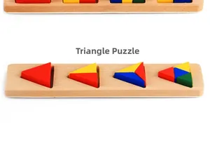 Macro detail of wooden Montessori geometric triangle puzzles showing shape combinations