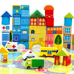 Wooden City Traffic Building Blocks Educational Construction Toy For Children With Storage Bucket And Patterned Play Mat