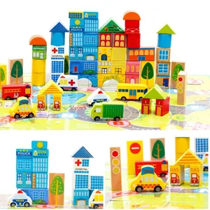 City traffic theme 62-piece wooden building blocks set for educational kids play