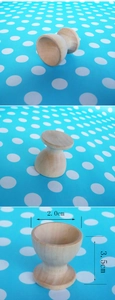 Detail view of wooden egg cup showing 3.5cm height and 2.0cm diameter dimensions