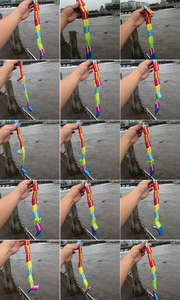 Sequence of a classic wooden Jacob's ladder toy flipping with colorful blocks