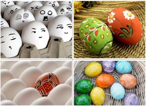 Detail of DIY hand-painted wooden eggs with various cartoon and floral patterns for decor