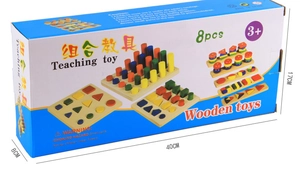 Detailed view of 8pcs wooden Montessori geometric toy set with 40x17x8cm dimensions