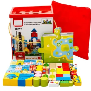 62-piece wooden city traffic building block set with storage bucket for kids