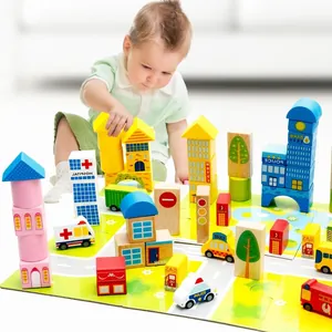City traffic theme 62pcs wooden blocks set with play mat and colorful buildings for kids