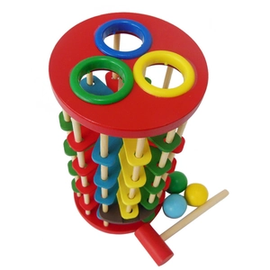 Wooden pounding ball ladder toy for toddlers with colorful levels and a red hammer
