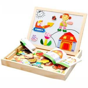 Detail of wooden magnetic puzzle board with colorful cartoon shapes and markers for kids