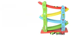 Macro shot of 4-tier wooden racing track with colorful toy cars and sea creature prints