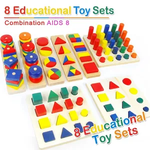 8-piece Montessori wooden educational toys set featuring colorful geometric shapes for toddlers