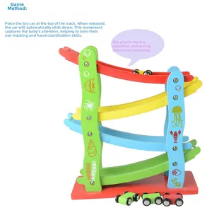 Detail of four-layer colorful wooden ramp racer with ocean patterns and four mini toy cars