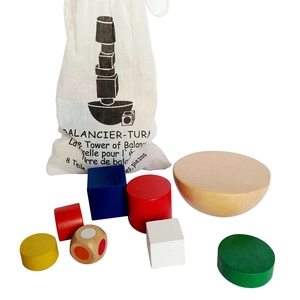 Jeu d'équilibre en bois 8 pièces avec blocs colorés et petit sac de rangement en toile