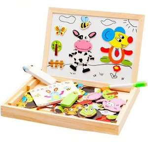 Detail of wooden magnetic puzzle board with animal shapes and whiteboard markers for kids
