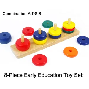 Montessori wooden puzzle toy set with colorful geometric rings on a 5-column base