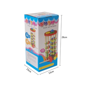 Wooden hammer ball ladder toy in packaging with color spiral tracks and dimensions