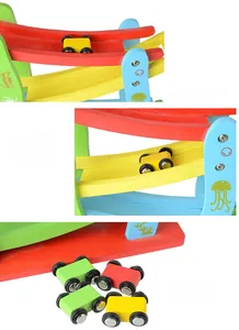 Detailed view of multi-layer wooden car ramp racer toy with colorful tracks and mini cars
