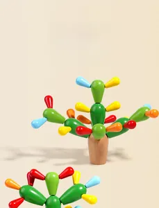 Macro shot of colorful wooden cactus building blocks with detailed interlocking pieces