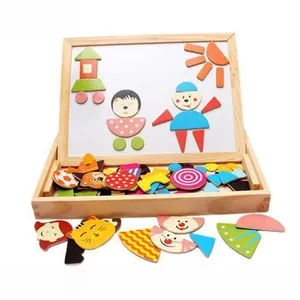 Close-up of wooden magnetic drawing board with cartoon character puzzle pieces for kids