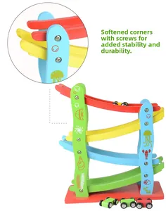 Close-up of rounded safety edges and secure screw fixings on a wooden racing track toy