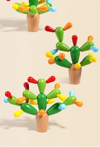 Macro detail of colorful wooden cactus building blocks with smooth eco-friendly finish