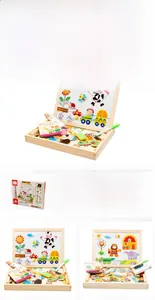 Detail of wooden magnetic puzzle box showing dual-sided drawing board and farm animal pieces