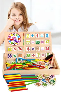 Educational wooden math set with colorful counting sticks and clock for kids' early learning