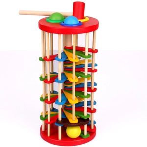 Detail of wooden ball drop ladder toy with spiral track, hammer and colorful balls