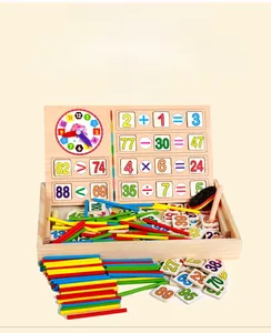Detail view of wooden educational math set with number blocks and colored counting sticks